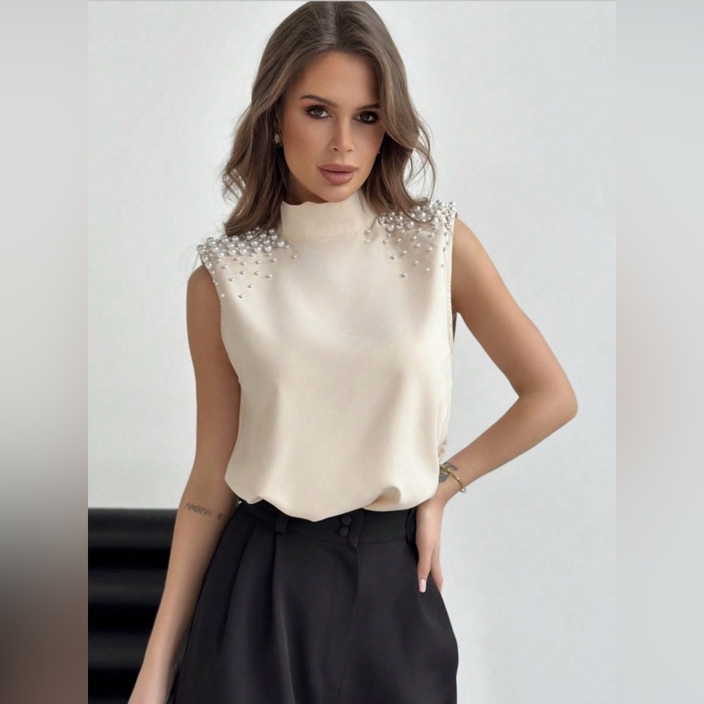 White Sleeveless Top with Gray Pleated Skirt